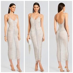 Retrofete Irina Crystal Chain Embellished White Silver Maxi Dress XSMALL